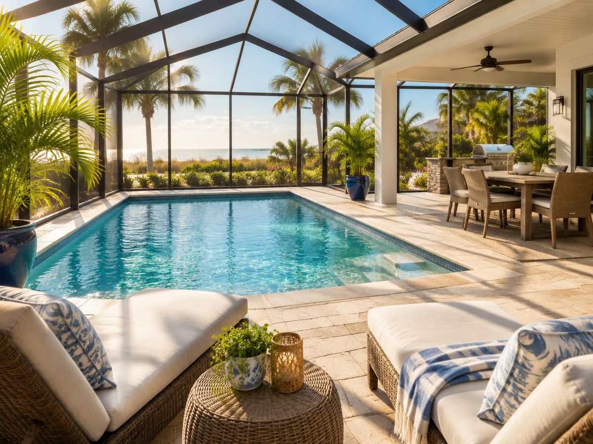 Screened pool lanai with cushioned lounge chairs at a coastal vacation home
