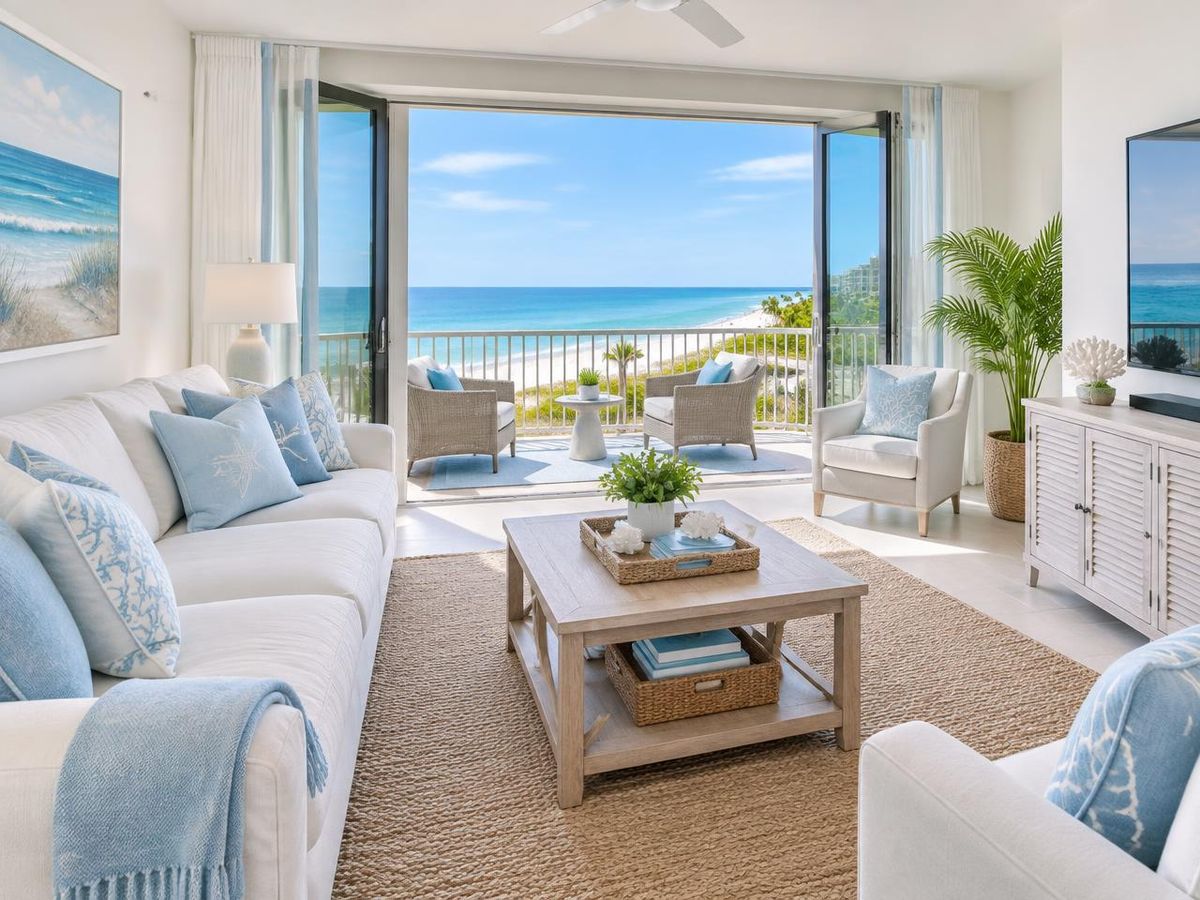 Bright coastal condo living room with a balcony and water view